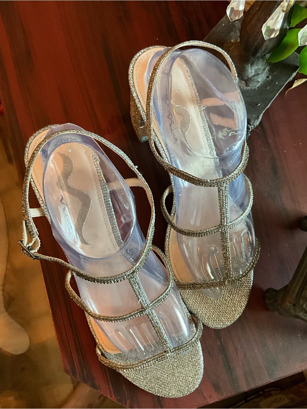 Nina Silver Glitter Block Heel Strappy Sandals
